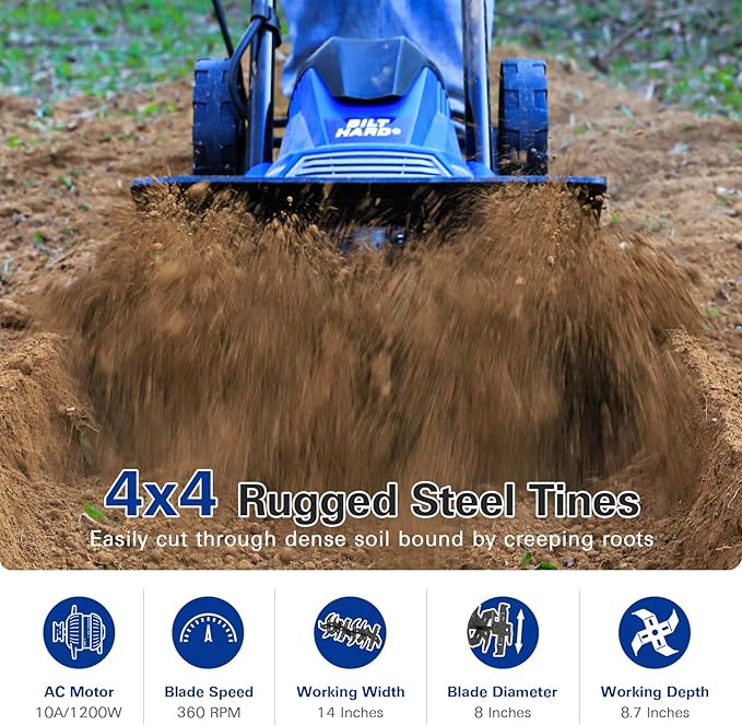 BILT HARD 14" 10Amp Electric Garden Tiller | 4 Steel Tines Tiller Cultivator with Foldable Handle & Adjustable Wheels for Soil Cultivation, Weeding, Portable Gardening-VerdiqueGarden