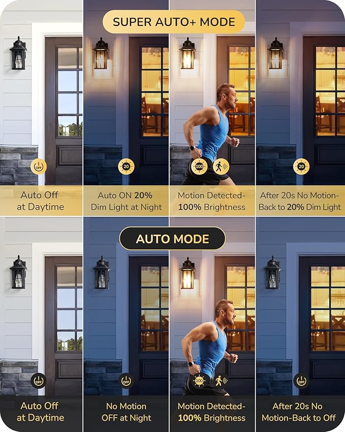 EDISHINE Motion Sensor Outdoor Wall Light, Dusk to Dawn Front Porch Light Fixture, Outdoor Wall Sconce with Clear Glass, Black Exterior Wall Lantern for Door, Garage, Patio, House-VerdiqueGarden