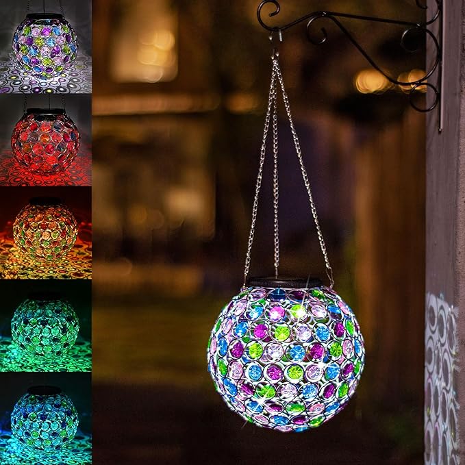 Solar Lantern Hanging Outdoor Christmas Decorative, Dual LEDs Color Changing and Cool White Crystal Globe Lamp Hanging Light Waterproof with S Hook Decor in Garden, Pathway, Front Door- Multi Color-VerdiqueGarden