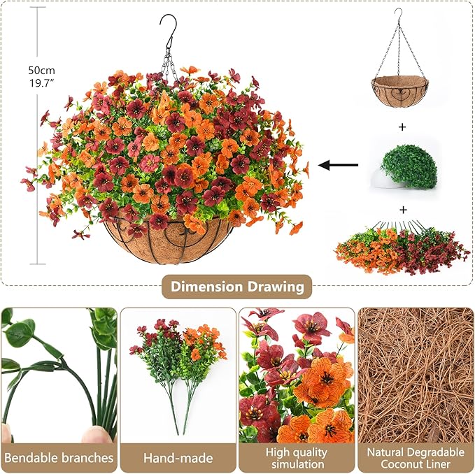 Artificial Fake Hanging Plants Flowers Basket, Faux Silk Daisy in Planter Realistic UV Resistant for Outside Home Patio Balcony Yard Spring Outdoor Decoration (Orange Brown)-VerdiqueGarden