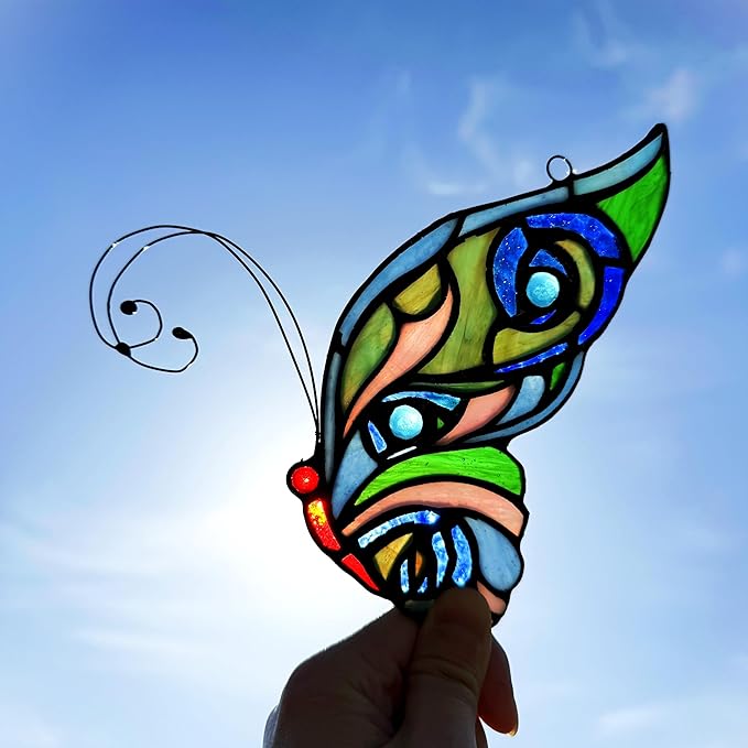 Stained Glass Window Hangings Butterfly Tiffany Style Butterfly Suncatcher for Window Hanging Suncatchers Handcrafted Ornament (Green&Blue)-VerdiqueGarden