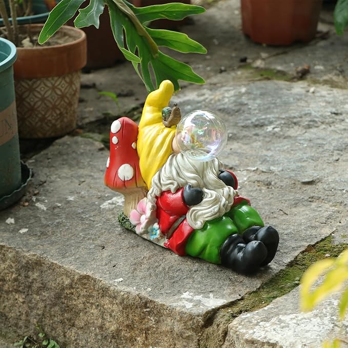 Garden Gnome Statue Outdoor Decor, Funny Gnome Figurine Lying on Mushroom with Crackle Globe Lights, Waterproof Resin Sculptures Lawn Ornament Tabletop Decorations for Porch Yard Decor-VerdiqueGarden