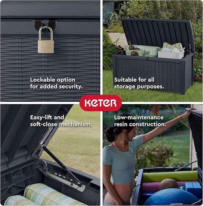 Keter Outdoor Storage Deck Box for Patio, Backyard & Garden, Borneo, 110 Gal, Grey - Lockable, Organizing, and Waterproof Plastic Container Bench-VerdiqueGarden