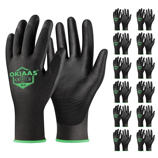 OKIAAS Men's Ultra-Thin and Lightweight Working Gloves with Grip, 12 Pairs, Black, Medium-VerdiqueGarden