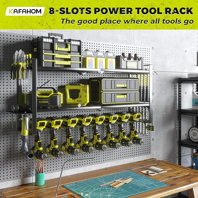 KAFAHOM Power Tool Organizer for Tool Storage, 8 Drill Holder Wall Mount, Tool Holder and Storage Rack for Garage Organization, Heavy Duty Metal Tool Shelf with Air tool/Screwdriver/Hammer Holder-VerdiqueGarden