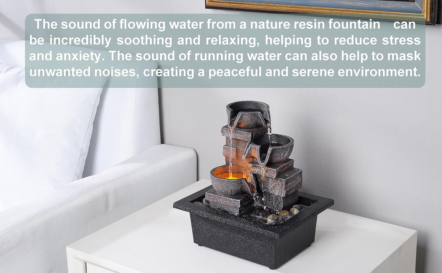 Indoor Fountain 3-Bowl Rockery Soothing Sound Tabletop Fountains Home/Office Decor with Natural River Rocks LED Lights Automatic Watering Pump(22044A)-VerdiqueGarden