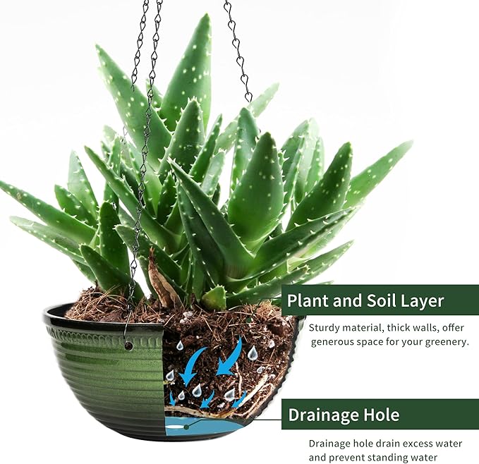 12 inch Hanging Planters for Indoor Outdoor Plants, 2 Pack Large Hanging Flower Pots with Drainage Holes and Chain, Glazed Hanging Baskets for Home Garden Decoration, Green-VerdiqueGarden