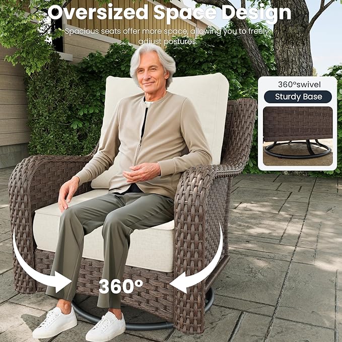 8 Pieces Outdoor Patio Furniture Sets with Rocking Swivel Chairs with 6-inch Thick Cushion and Fire Pit Table for Deck Lawn-VerdiqueGarden