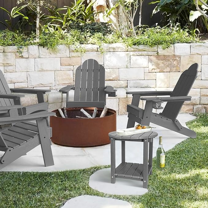 Adirondack Round Outdoor Side Table 2-Tier Storage Patio Side Table, HDPE End Tables for Backyard Pool Porch Garden Lawn (Grey)-VerdiqueGarden