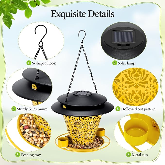 Solar Bird Feeders for Outside Hanging Metal Wild Bird Feeder Solar Lanterns Outdoor Waterproof Garden Decor for Yard Yellow-VerdiqueGarden