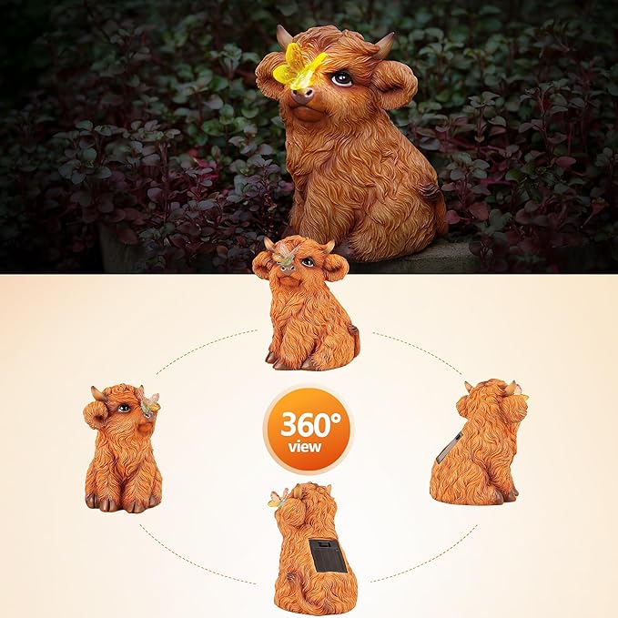 Highland Cow Solar Powered Outdoor Garden Statue, Resin Highland Cow Statue with Solar Light Lantern, Decorative Lawn, Yard Outdoor Highland Cow Decor. Unique home decorations, gifts for women-VerdiqueGarden