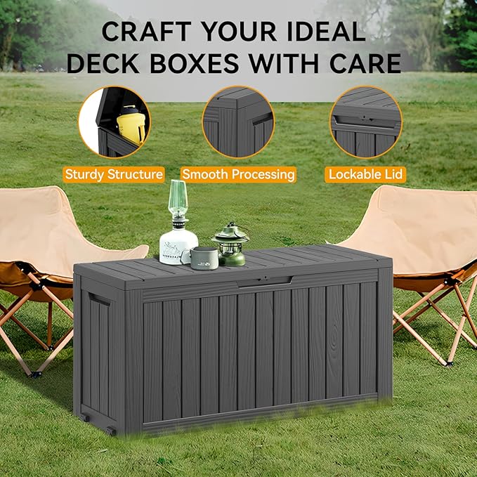 KAMABOKO Deck Box, 75 Gallon Resin Indoor and Outdoor Storage Boxes Waterproof for Garden Tools, Pool Accessories Storage Bench, Patio Furniture and Cushions with Lockable Lid, Black-VerdiqueGarden
