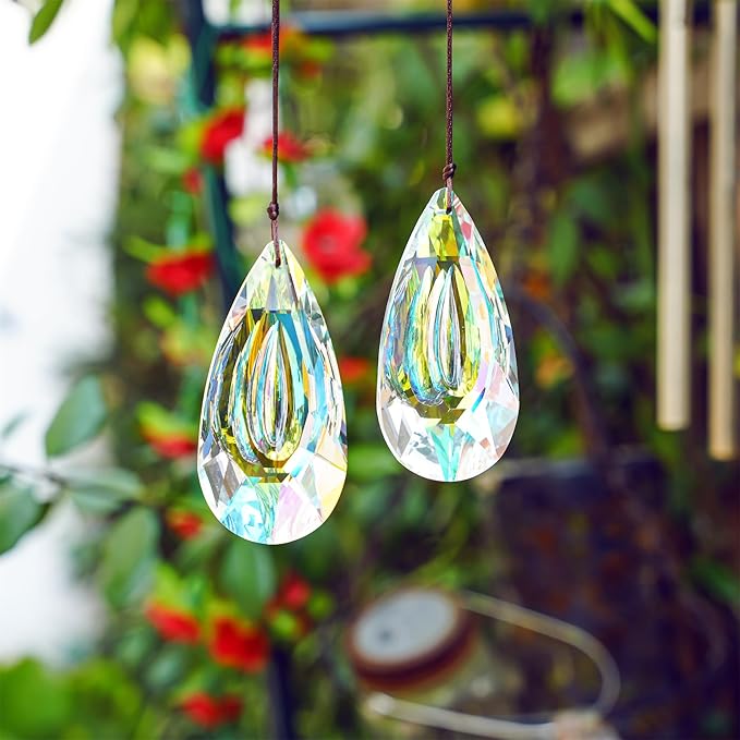 HDCRYSTALGIFTS Set 2,89mm/3.5in Crystals Prisms Suncatcher for Window Hanging Indoor Chandelier Parts Rainbow Maker for Home Garden Decor (AB Colored)-VerdiqueGarden