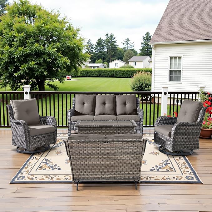 5 Piece Outdoor Patio Furniture Set - Outdoor Conversation Couch and Loveseat Glider Chair Furniture Set with Rattan Coffee Table for Deck Balcony Poolside Gray Wicker/Grey Cushions-VerdiqueGarden