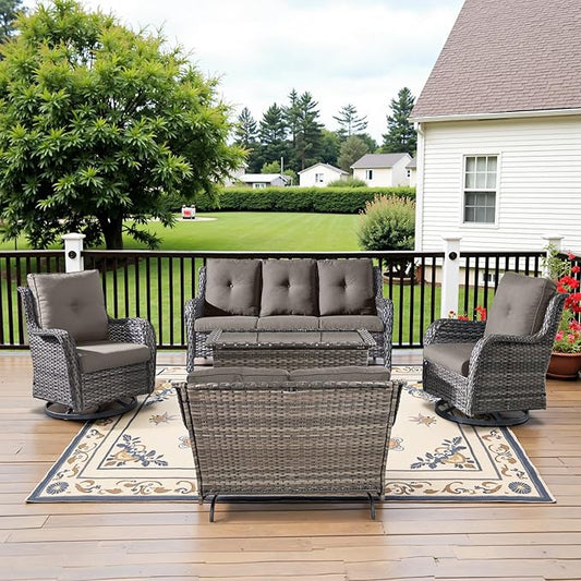 5 Piece Outdoor Patio Furniture Set - Outdoor Conversation Couch and Loveseat Glider Chair Furniture Set with Rattan Coffee Table for Deck Balcony Poolside Gray Wicker/Grey Cushions-VerdiqueGarden
