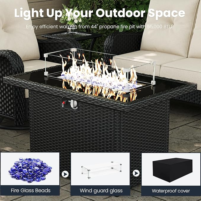 8 Pieces Outdoor Patio Furniture Sets with Rocking Swivel Chairs with 6-inch Thick Cushion and Fire Pit Table for Deck Lawn-VerdiqueGarden