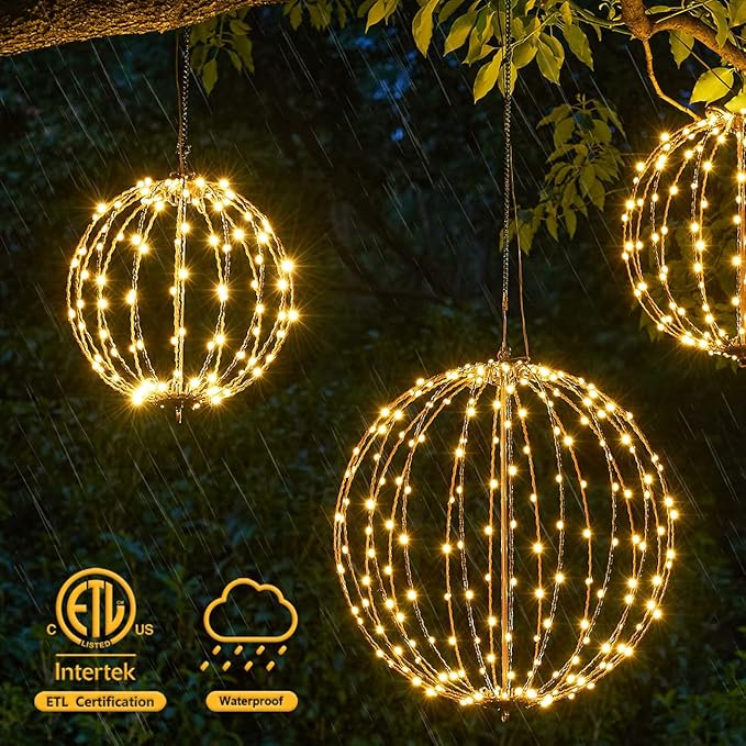 Hotelstar 96LED Foldable Light Sphere - 12IN Hanging, Pathway & Tree Light with Hook & Stake for Outdoor Garden, UL Listed, White Metal Frame, Warm White Light-VerdiqueGarden