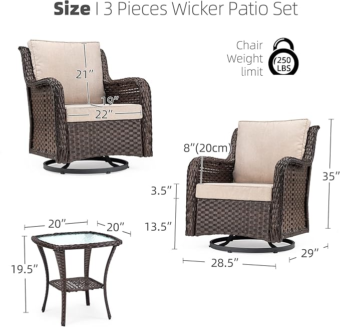 Towallmark Outdoor Swivel Wicker Glider Patio Chairs with Table Set, 3 Pieces Outdoor Bistro Set with 4”Thick Cushions and Coffee Table for Porch, Balcony, Deck (Beige)-VerdiqueGarden