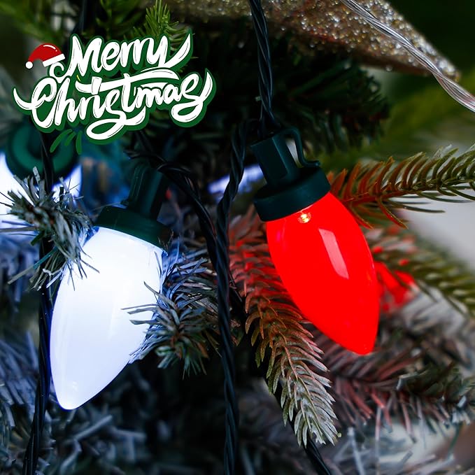 C9 Bulbs Classic Christmas Lights - 50 LED 32ft Strawberry String Light Red&White - Extendable 8 Modes Funtion with Timer Fairy Lighting for Outdoor, Indoor, Party, Home, Tree Decorations-VerdiqueGarden