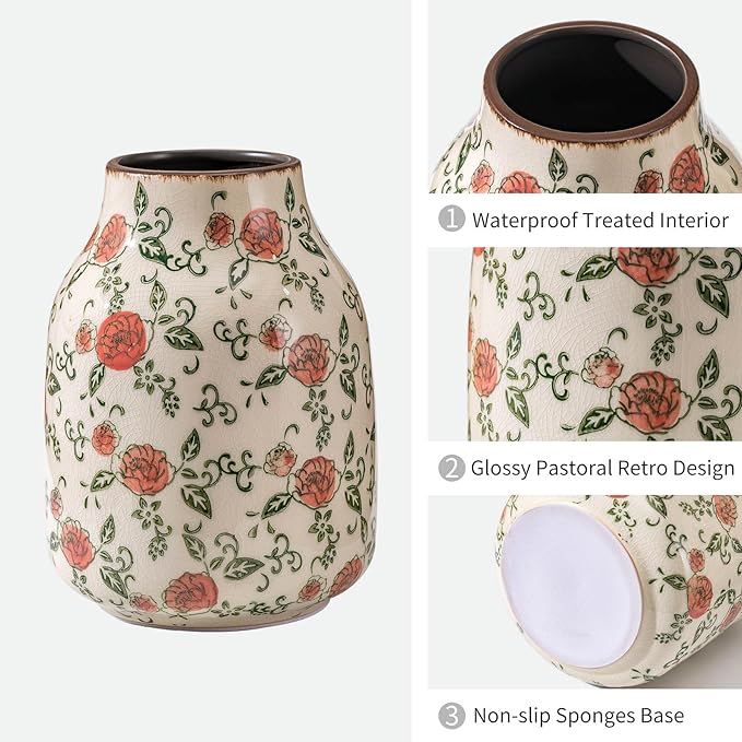 Green and Beige Vintage Round Vase, Red Rose Chinoiserie Floral Vase, Farmhouse Antique Decorative Ceramic Flower Vases for Bouquet, Home Decor, Living Room, Bookshelf, Office, Tuscan Decor 7.8 Inch-VerdiqueGarden