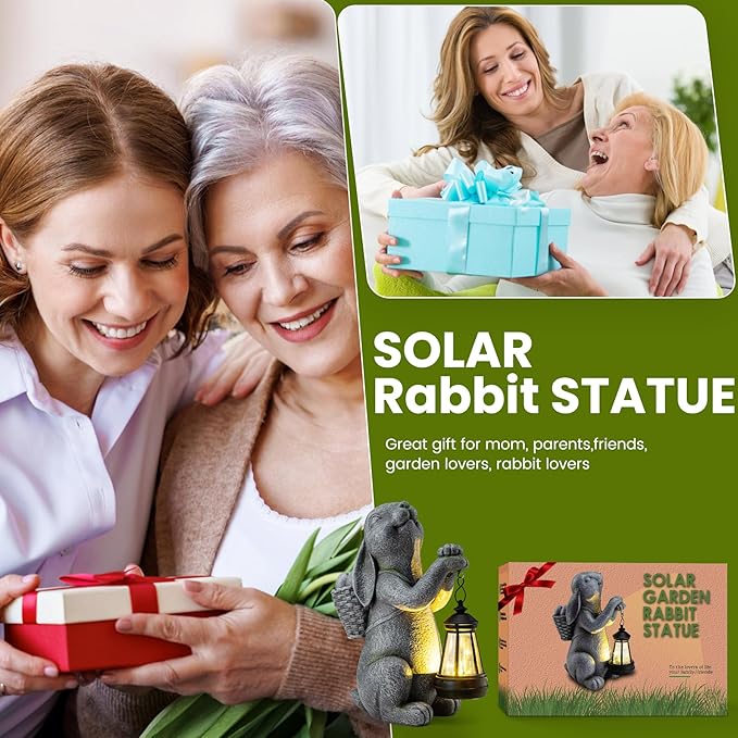 Solar Garden Outdoor Statues Rabbit with Solar Lantern,Outdoor Bunny Figurines Decorations,Lawn Decor Bunny Statue for Patio, Balcony, Yard Ornament,Unique Housewarming and Easter Gifts-VerdiqueGarden