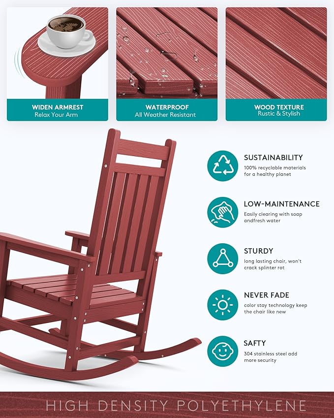 SERWALL Outdoor Rocking Chair Set of 2, HDPE Rocking Chairs for Adult, All Weather Porch Rockers for Lawn Garden, Crimson Red-VerdiqueGarden