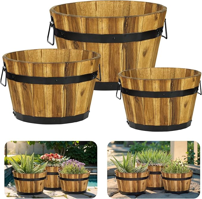 IDZO Set of 3 Wooden Flower Planters for Outdoor Plants, Acacia Wood Barrel Planters, Ergonomic Handles, Drainage Holes, Various Sizes, Golden Teak-VerdiqueGarden