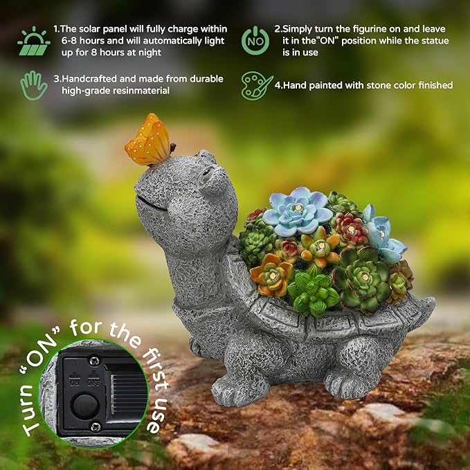 Solar Garden Outdoor Statues Turtle with Succulent Butterfly 8 LED Lights, Lawn Decor Tortoise Figurine for Patio Balcony Yard, Yard Unique Christmas Birthdays Gift for Mom Grandma-VerdiqueGarden