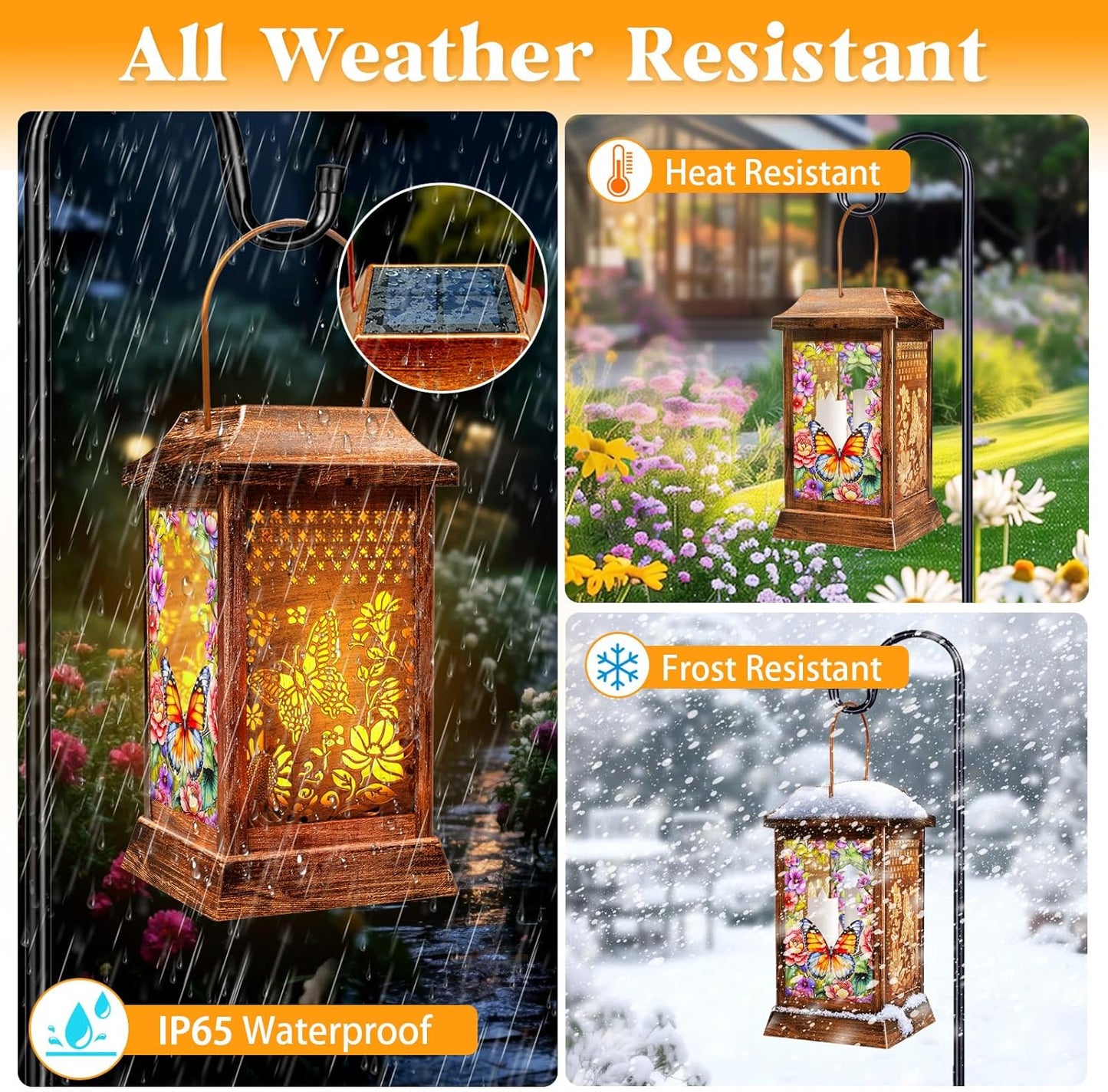 Butterfly Solar Lanterns Outdoor Waterproof, Metal & Glass Hanging Lights Garden Decor, Birthday Gifts for Women Mom Grandma Mothers Day, Decorative Lights for Outside Yard Patio Backyard Porch-VerdiqueGarden