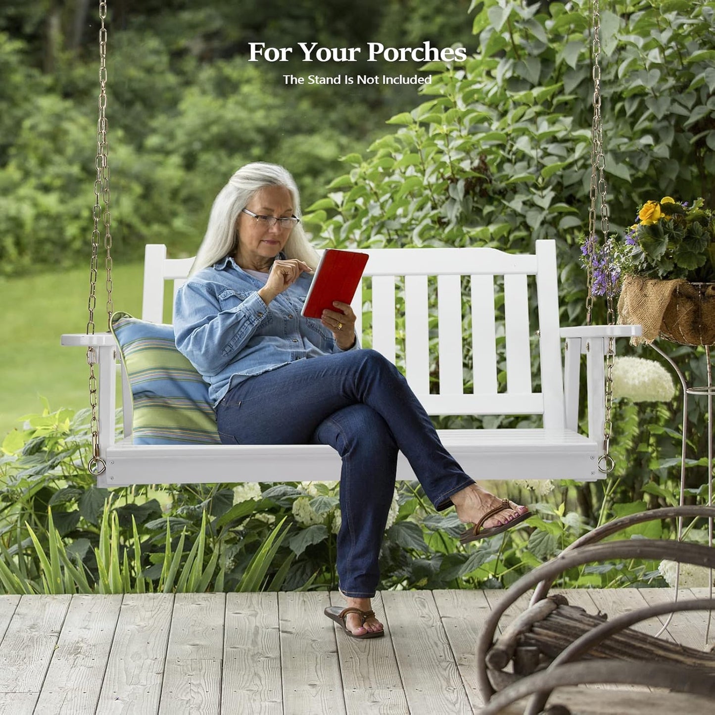 VINGLI Heavy Duty 880 LBS 4 FT Outdoor Porch Swing, Patio Hanging Swing Bench for Yard, White-VerdiqueGarden