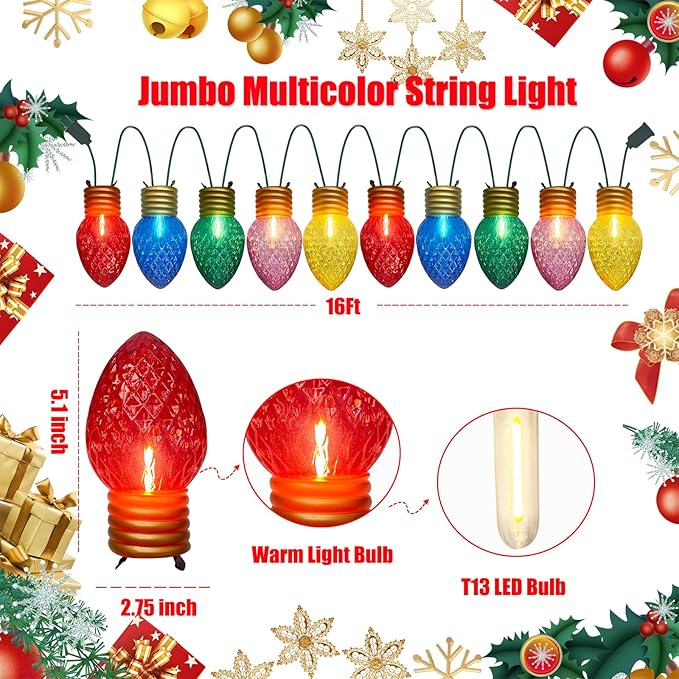 Jumbo Multicolor Christmas String Lights,16FT Jumbo Christmas Hanging Lights with 10 5'' LED C9 Large Strawberry Multicolor Bulbs, Hanging Christmas Decorations Lights for Home Tree Roof Yard Garden-VerdiqueGarden