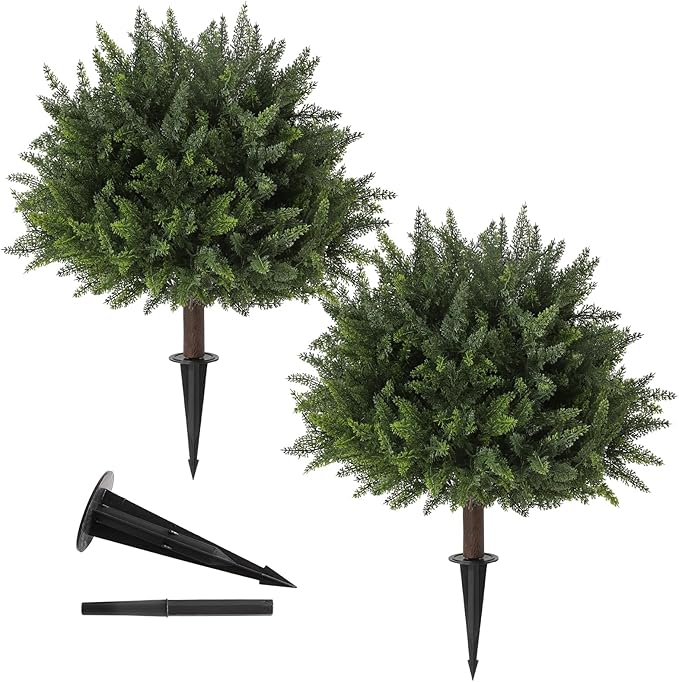 23.6Inch Artificial Cedar Topiary, 2 Pack UV Resistant Faux Evergreen Shrubs with Ground Spikes, Indoor Outdoor Potted Plants for Porch, Garden, Front Door Decor-VerdiqueGarden