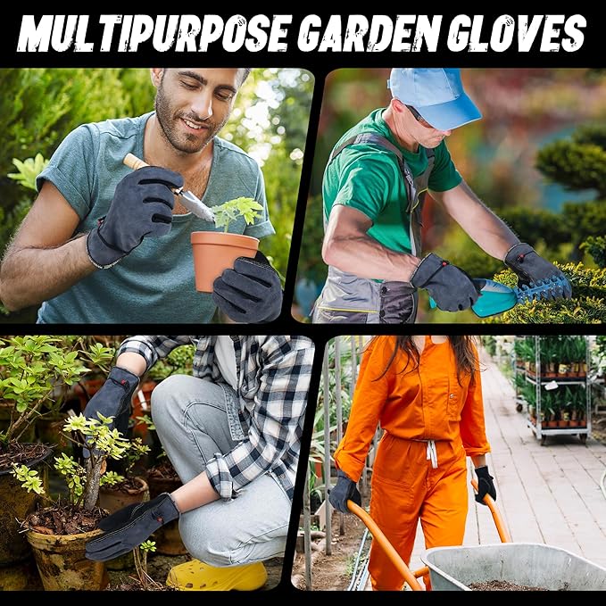 HLDD HANDLANDY Leather Work Gloves for Men & Women, Adjustable Wrist Cowhide Gardening Glove with Reinforced Palm for Driver-VerdiqueGarden