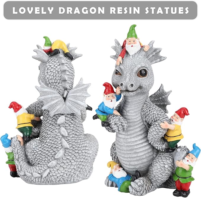 Dragon Gnome Statues Outdoor Decor, 13” Dinosaur Play with Gnomes Garden Statue, Outdoor Statue for All Season Lawn Decor, Garden Decoration, Gardening Gift-VerdiqueGarden
