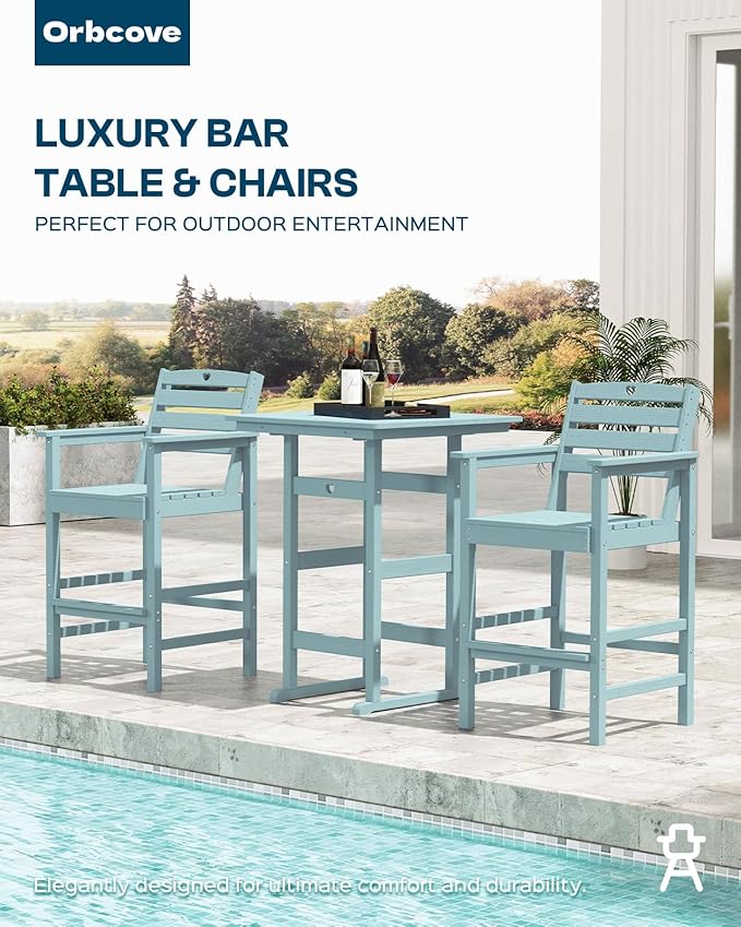 3-Piece Bar Height Outdoor Table and Chairs Set, HDPE Wood Grain Patio Bar Table and Chairs with Heart Cutout Design, Weather-Resistant Bar Height Furniture for Deck, Porch, Pool (Light Blue)-VerdiqueGarden