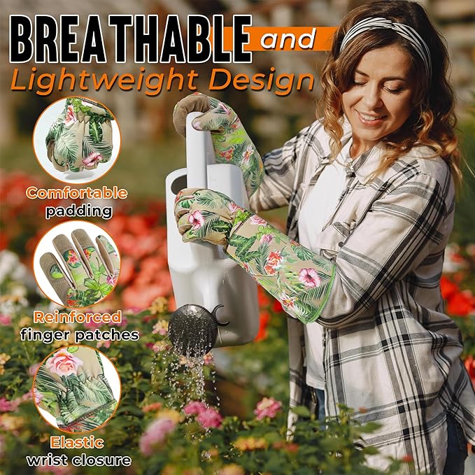 HANDLANDY Leather Gardening Gloves for Women, Thorn Proof Breathable Ladies Rose Pruning Garden Gauntlet Yard Gloves, Gift for Gardeners (Khaki, L)-VerdiqueGarden
