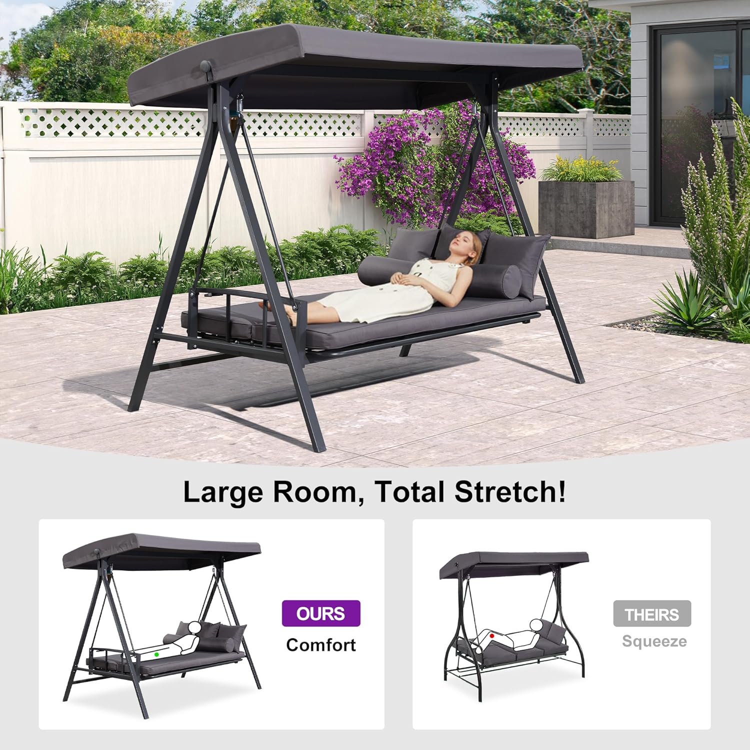 PURPLE LEAF Outdoor Patio Porch Swing Adjustable Backrest, 3-seat Swing Chair with Weather Resistant Steel Frame for Backyard Front Porch Lawn, Cushion and Pillows Included, Grey-VerdiqueGarden