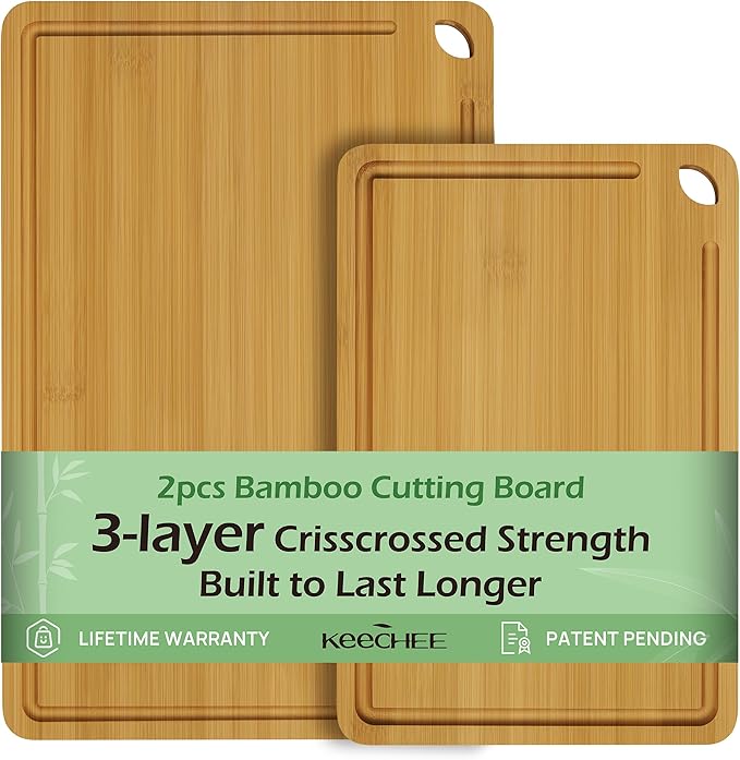 Chopping Board Duo 2-Pcs Natural Bamboo With Juice Channels & Knife-Friendly Finish For Versatile Kitchen Use, Ideal Charcuterie & Chopping Multi-Use-VerdiqueGarden