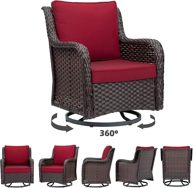 Towallmark Outdoor Swivel Wicker Glider Patio Chairs with Table Set, 3 Pieces Outdoor Bistro Set with 4”Thick Cushions and Coffee Table for Porch, Balcony, Deck (Red)-VerdiqueGarden