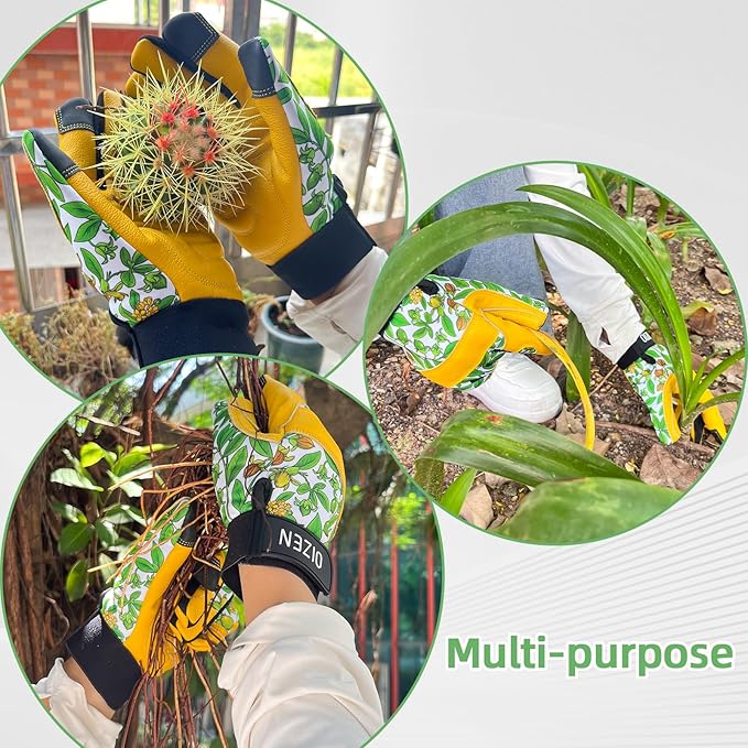 Cowhide Leather Thorn Proof & Puncture Resistant Gardening Gloves for Women, Touchscreen Compatible Working Gloves for Weeding, Digging, Planting, Gardening Gifts for Women (Green bellflowers, Medium)-VerdiqueGarden