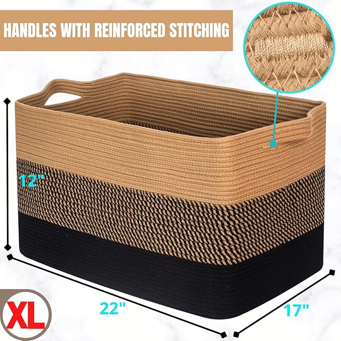 MINTWOOD Design 22in Extra Large Blanket Basket Holder for Living Room, Rectangle Rope Woven Storage Bin with Handles for Laundry, Pool Towels, and Shoes, Dog Toy Box Organizer, Black Jute-VerdiqueGarden