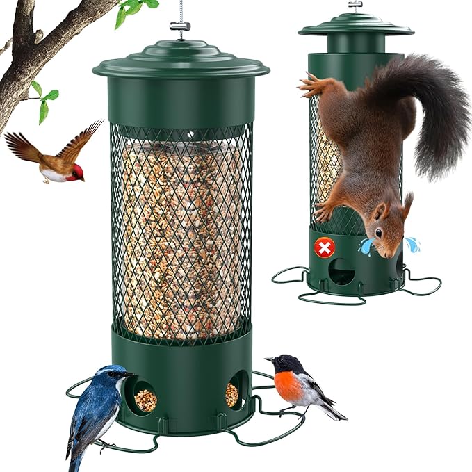 Metal Squirrel Proof Bird Feeders for Outdoors Hanging,Weight-Activated Large Capacity Feeder for Wild Finch, Cardinal,Blue Jay, Chickadee, Weatherproof and Durable 4 Perches,Green-VerdiqueGarden