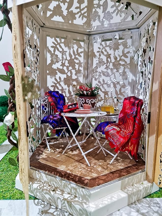 Dollhouse Miniature Bistro Table & Chairs Set Accessories Metal 1:12 Scale Miniatures White Coffee/Tea Furniture Fairy Garden Cute Rustic Elegant Decorations Ornaments (C)-VerdiqueGarden