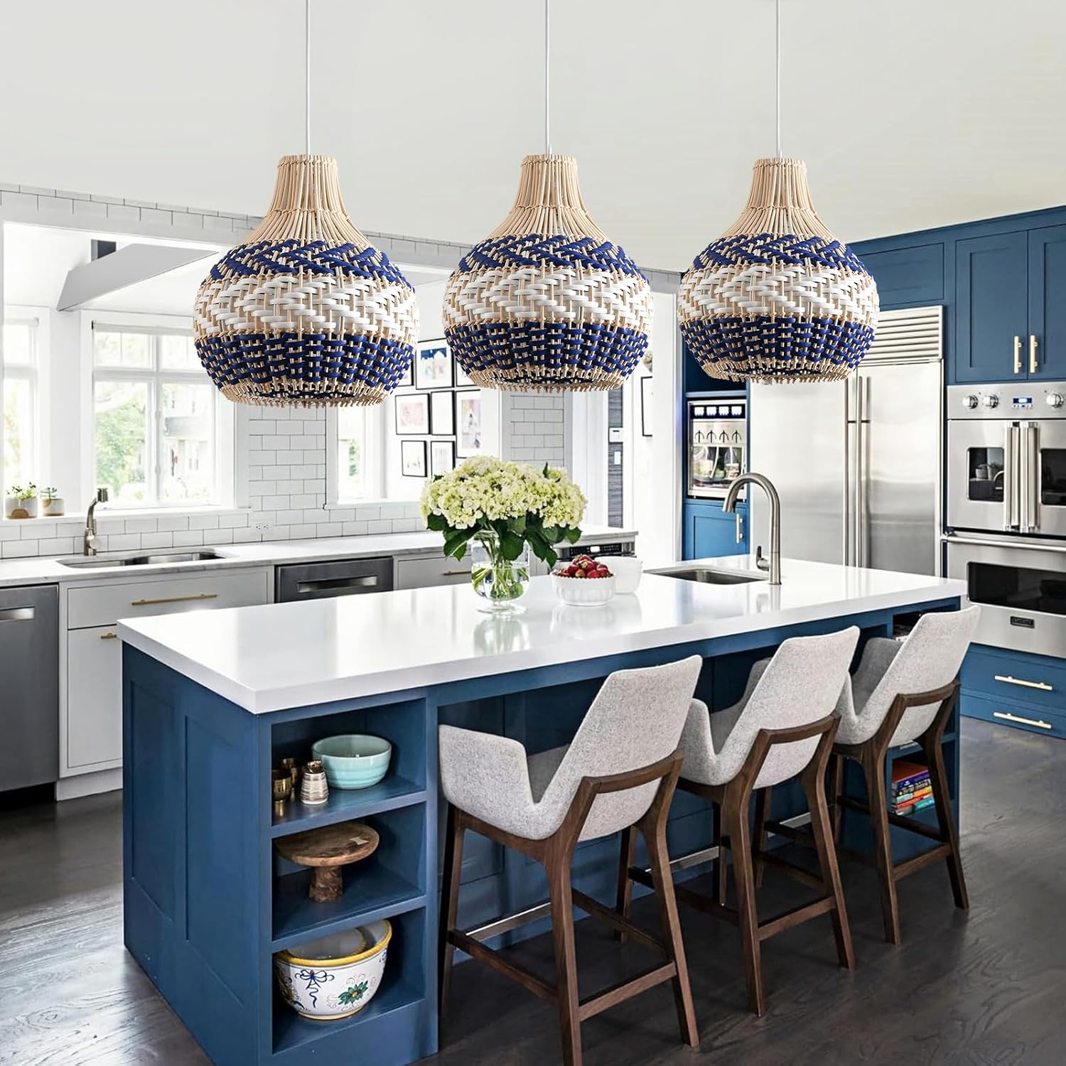 3-Pack Rattan Pendant Light Fixture 10.24" Blue White Hand-Woven Basket Fax Rattan Chandelier Boho Mini Wicker Hanging Lamp for Dining Living Bedroom Kitchen Farmhouse-VerdiqueGarden