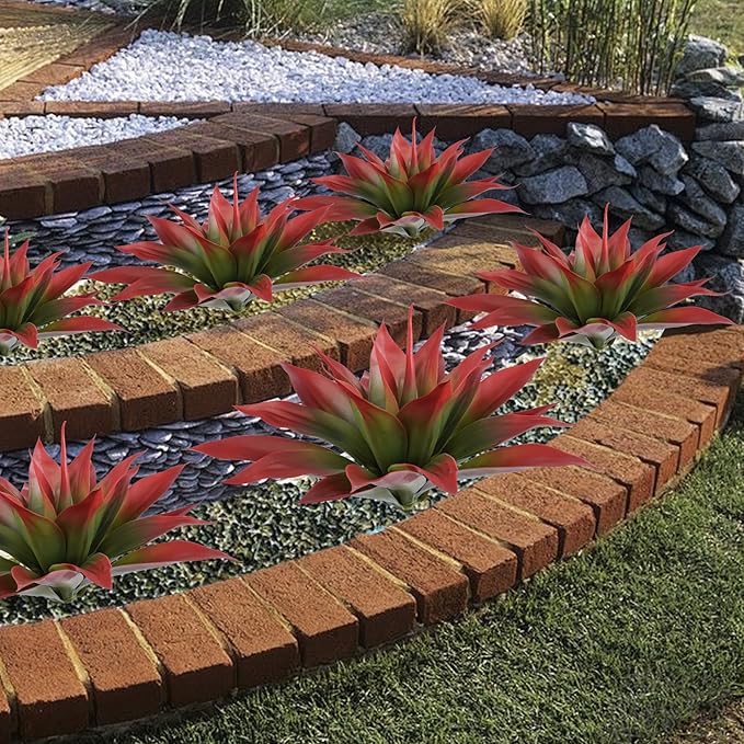 Artificial Agave Plants,Large UV Resistant Fake Agave Planters for Indoor and Outdoor Decorating Tropical Plant Succulents Greenery Indoor Decor (2Pack,22" Red)-VerdiqueGarden