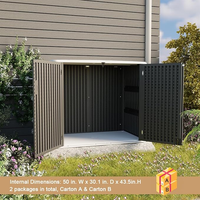 KINYING Larger Outdoor Storage Shed Weather Resistance, Resin Sheds & Outdoor Storage for Garden, Patios, Backyards, 48 Cu.Ft Tool Shed for Garbage Cans, Lawn Mower, Garden Tools,Black-VerdiqueGarden