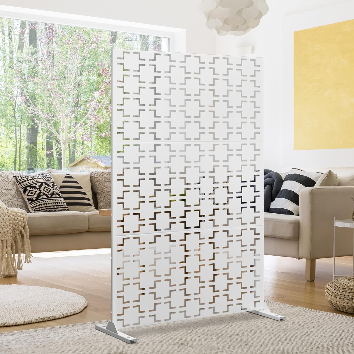 Metal Privacy Screen Outdoor 72" H×47" W,Freestanding Decorative Privacy Screen for Balcony Yard&Garden,Privacy Fence-White&Square-VerdiqueGarden