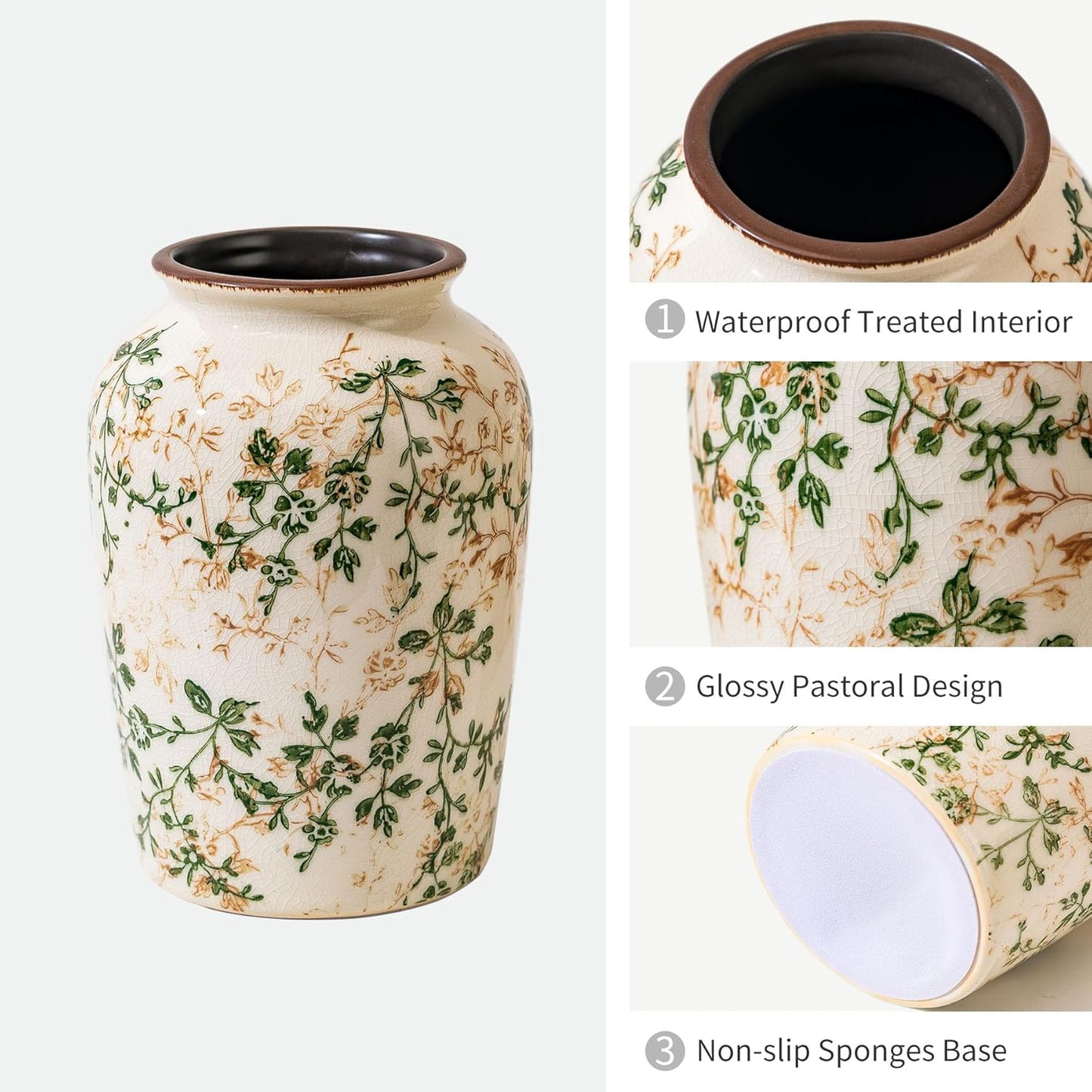 Vintage Pastoral Green and Beige Vase, Round Ceramic Floral Vases, Retro Ice Cracked Chinoiserie Vase for Home Decor, Living Room, Bookshelf, Office, Rustic Table Centerpiece 7.8 Inch-VerdiqueGarden