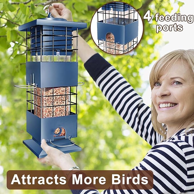 Bird Feeder 3LBS Metal Anti-Squirrel Wild Birdseed Feeder for Finch Cardinal Blue Jay Outdoors Hanging (Blue)-VerdiqueGarden