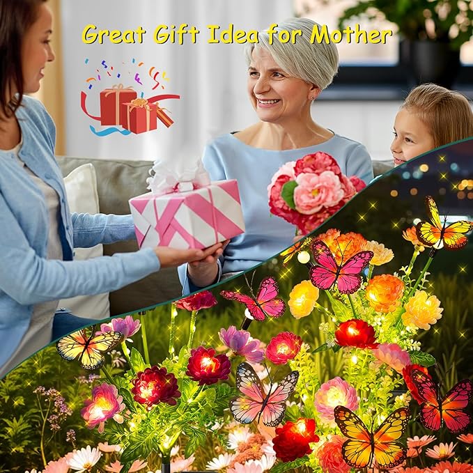 Solar Garden Lights, 3 Pack Swaying Solar Lights with 9 Butterflies & 21 Blooming Flowers, Solar Flowers Lights Outdoor Waterproof, Auto On/Off Solar Outdoor Lights for Yard Patio, Gift-VerdiqueGarden